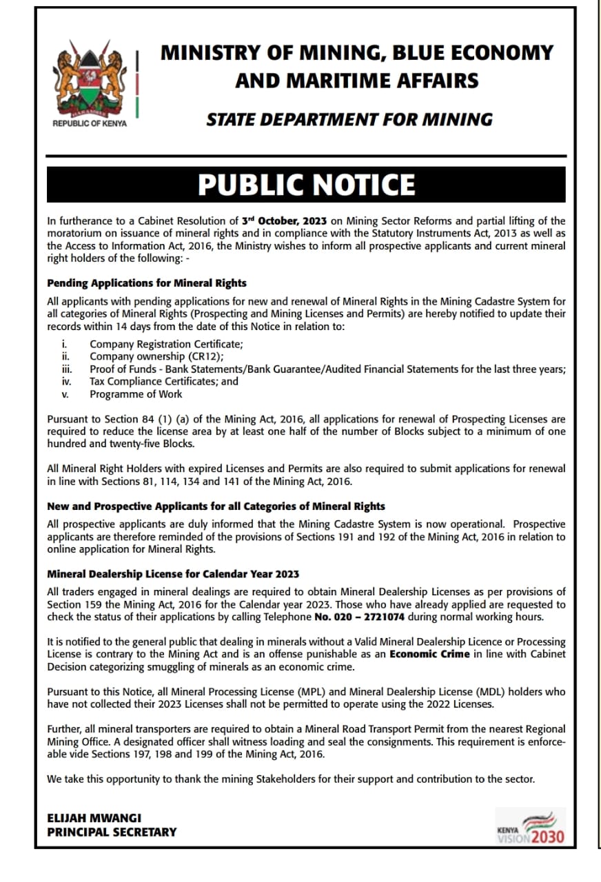 Public Notice - Mining Sector Reforms and partial lifting of the Moratorium